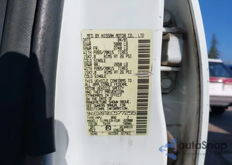 2001 Nissan Xterra Xe-V6 from USA, damaged, VIN 5N1ED28T01C577255